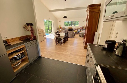 Lacanau-Ocean House | Amazing villa with pool and golf views, spacious pool area with wooded deck