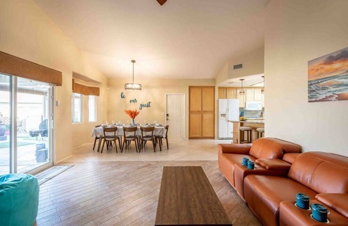 Indio House | Coachella Chill: 4BR/4King Adj Beds, Arcade, Free Heated Pool, Patio TV, Office