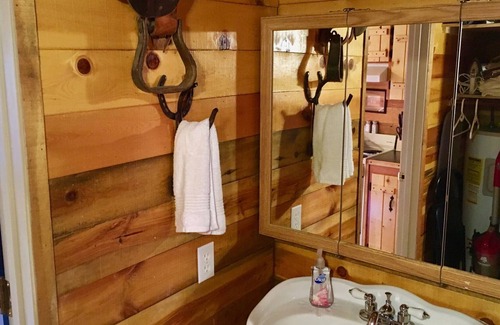 Coeur d'Alene Cabin | Cowboy Cabin - porch, queen bed, old-fashioned water pump in kitchen