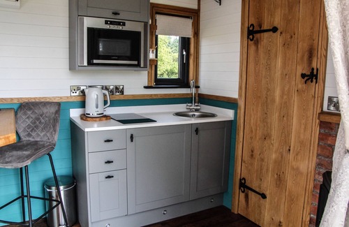 Newcastle-on-Clun Cabin | Cwm Cariad - Shepherds Hut with Hot Tub Sleeping 2 guests, Pet Friendly