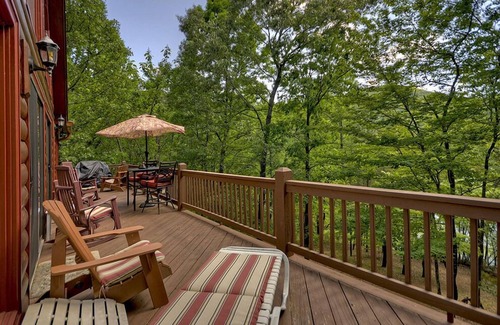 Walnut Mountain Cabin | Experience Lakeview Retreat, where pets are pampered by the shimmering waters. Unwind in a hot tub, enjoy WiFi, and a full game room w/pool table