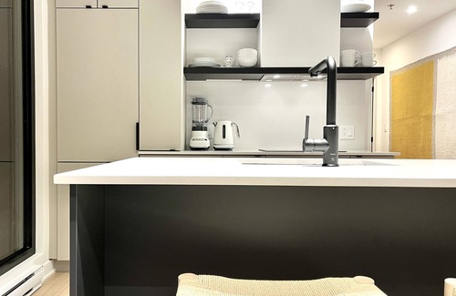 Griffintown Condo | French-scandi canal living: EV/bike parking, gym, pools, rooftop, $133 USD/night