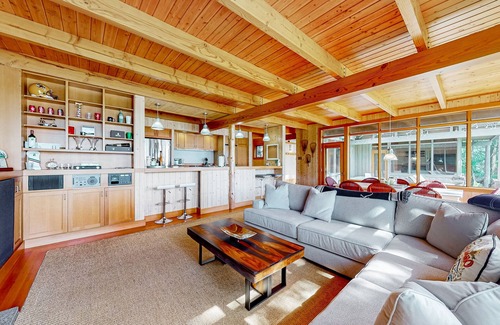 Hayden Lake House | Luxe, lakefront home with dock, amazing lake views, patio & fireplace