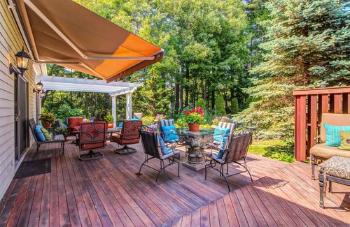Kennebunkport House | Luxurious house with golf course views, firepit, pergola, deck, and central AC