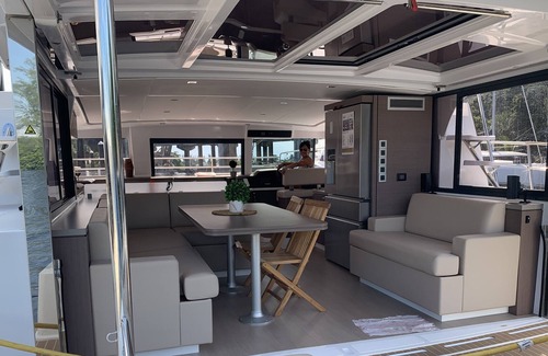 Pensacola Beach Boat Rental | Luxury Catamaran Boat at Anchor in Pensacola Beach/Little Sabine
