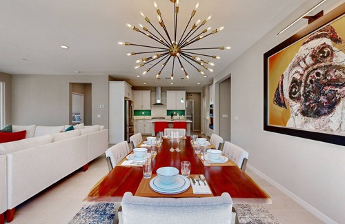 Cathedral City House | Modern home with gas fireplace, mountain views, large yard