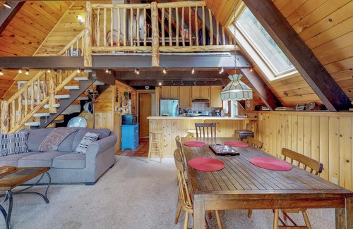 Arnold Cabin | Mountain-view, dog-friendly A-frame cabin with pool & forest-view deck