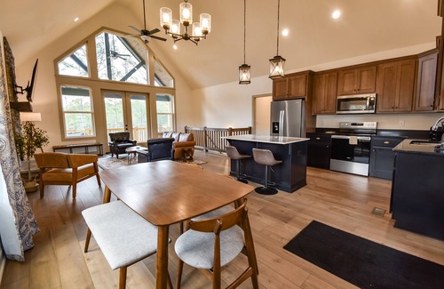 Ellijay House | Mountain view home with wood fireplace, hot tub, game tables, firepit, & AC