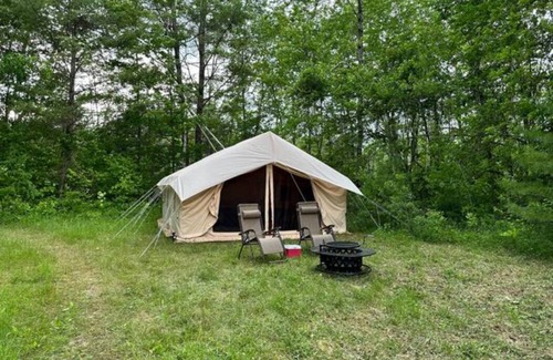 North Hudson RV Rental | Safari Tent nestled in the woods on the Schroon River with beach and island!