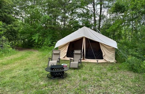 North Hudson RV Rental | Safari Tent nestled in the woods on the Schroon River with beach and island!