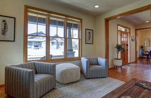 Sisters House | Serene Pine Meadow home with private hot tub! Walk to town! Views! Pool!