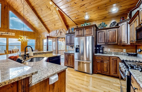 Blue Ridge Cabin | Spacious mtn-view home with private hot tub, game room, decks, fireplaces, grill