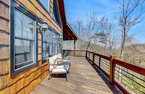 Blue Ridge Cabin | Spacious mtn-view home with private hot tub, game room, decks, fireplaces, grill