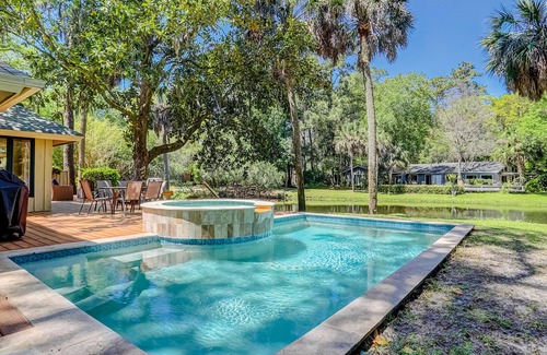 Sea Pines House | Spacious Sea Pines home with private swimming pool, spa, deck, & pool table