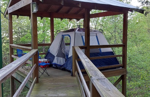 Branson RV Rental | Treetopper Fully Set up Tent Site with BBQ, Firepit, Outdoor Pool & Hiking