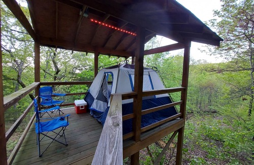 Branson RV Rental | Treetopper Fully Set up Tent Site with BBQ, Firepit, Outdoor Pool & Hiking