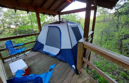 Branson RV Rental | Treetopper Fully Set up Tent Site with BBQ, Firepit, Outdoor Pool & Hiking