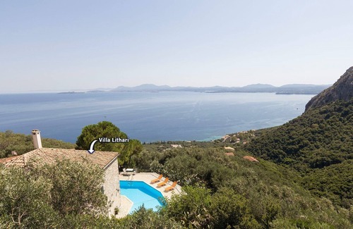 Barbati Villa | Villa Lithari - Olive Press: imposing sea & mountainside view by the pool