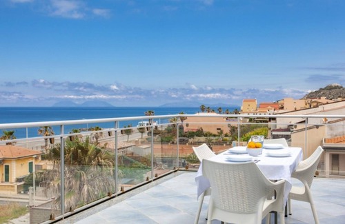 Capo d'Orlando Apartment | Zaffiro - 1-bedroom apartment with large panoramic sea view terrace and pool in the garden