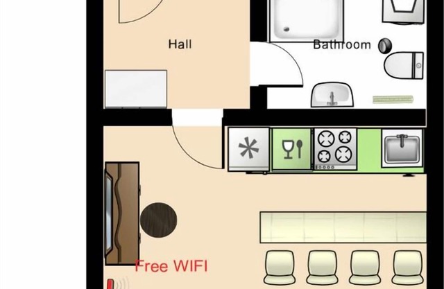Apartment with 1 room, kitchen and bathroom for 2-4 people