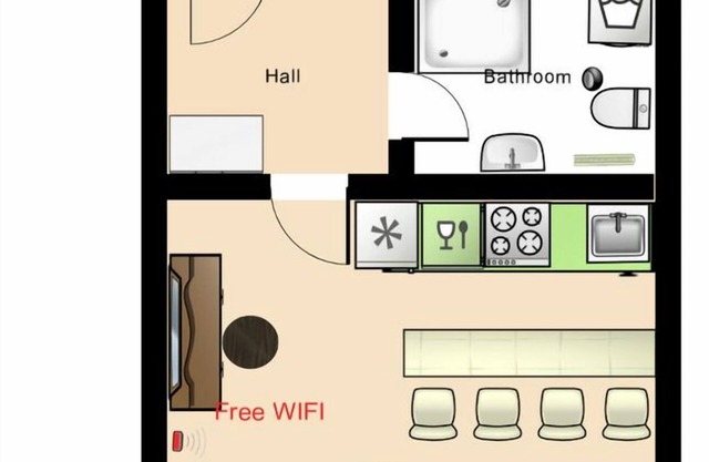 Apartment with 2 rooms, kitchenette and bathroom for 2-4 people