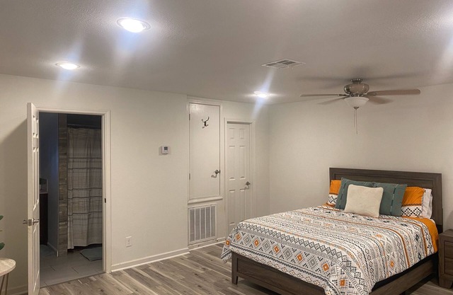Baytown Hideaway Private Casita One Bedroom Living with Deck and Kitchen