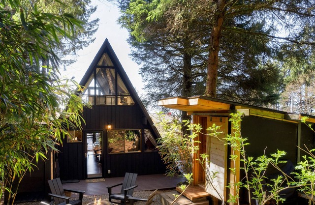 Dog-friendly A-frame with hot tub, fireplace, grill, & firepit - walk to beach