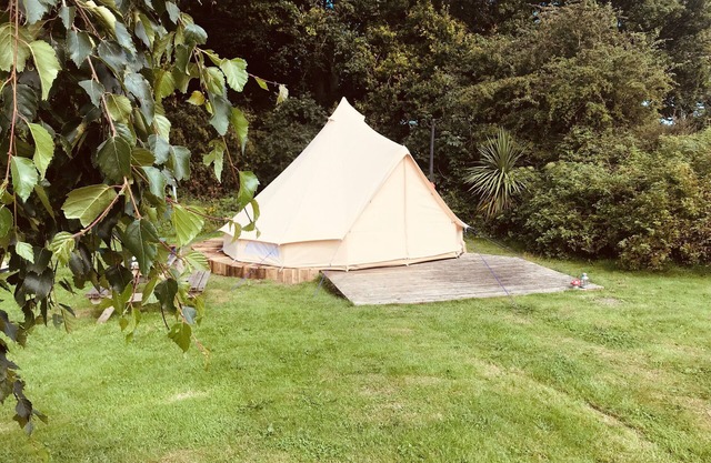 Eartha, a furnished bell tent in field and woodland surroundings