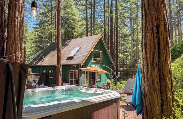Fern Woods~Rustic Redwood Cabin with Sweeping Decks! HotTub/WiFi/Pup