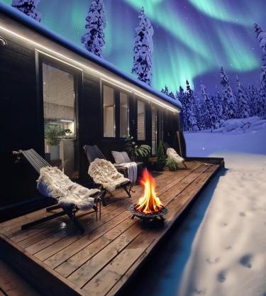 Lapland Riverside Cabin 7 PUOLUKKA, Ylläs, Tiny Home with Sauna, Fireplace, Terrace, BBQ, Wifi, Ski, Fishing, Pets OK