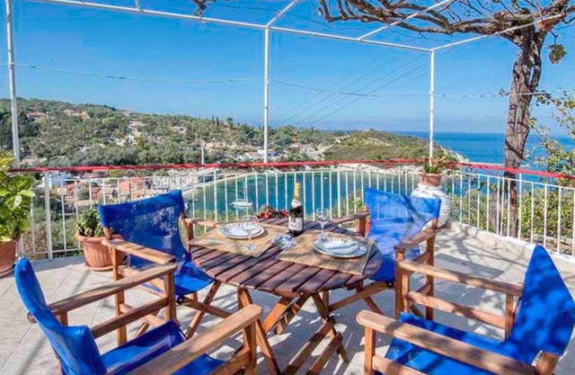 Located in the most enviable position, with uninterrupted views of Loggos Harbour and the sea, sits