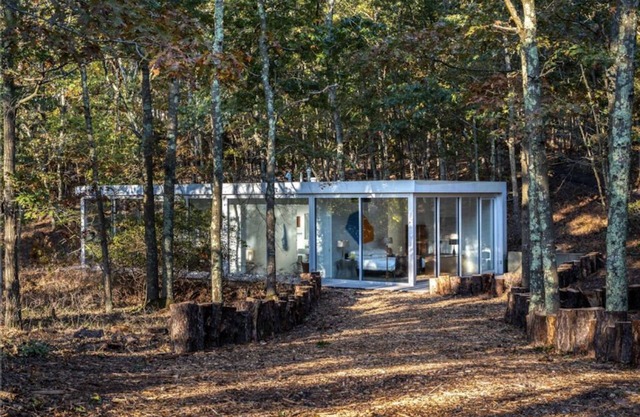 Modernist Glass House nestled in tall pines and nature offering total privacy