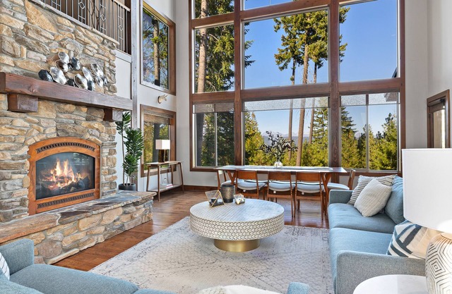 Mountain-view house with hot tub, chef's kitchen, fireplace, and home office