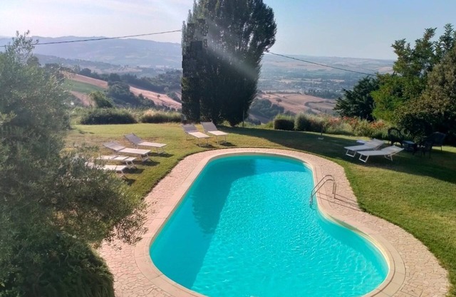 Panoramic portion of villa, swimming pool, hills, sea, free wifi