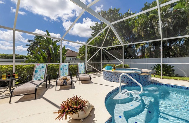 Relaxing outdoor with pool and hot tub!