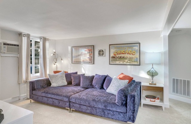 Retro Apt-Downtown Palatine-Big Sofa-King Bed-Private Deck-Laundry-Parking-Train