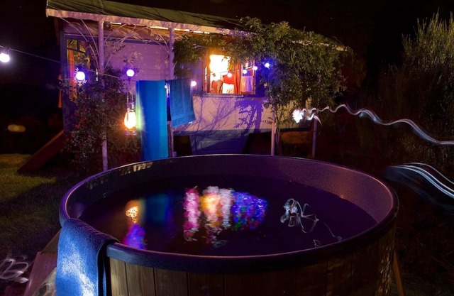 Romantic gypsy wagon with a great view from your hottub in beautiful nature.