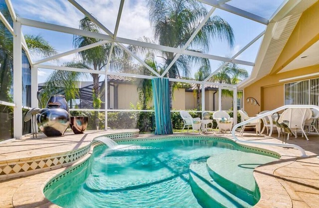 This heated pool home exudes originality