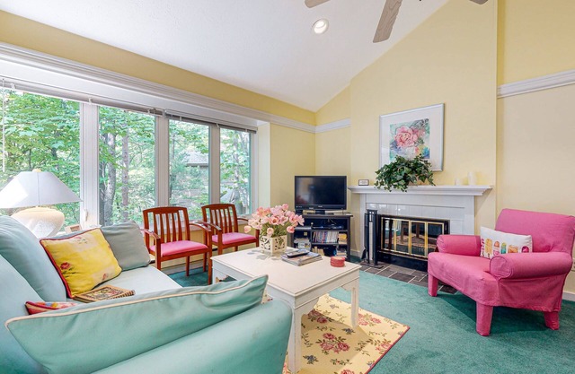 Upper-level condo with forest views, fireplace, soaking tub & high-speed WiFi