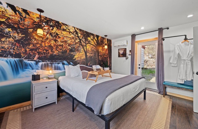 Waterfall Retreat | Serene Room with Forest Mural at Green Acres Retreat