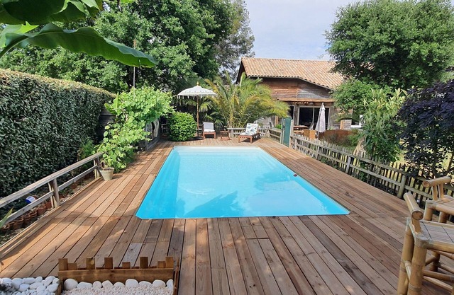 wooden house with swimming pool and tropical garden