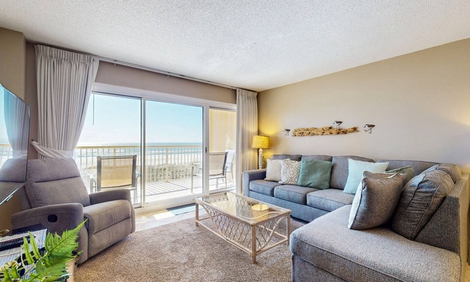 Gulf Shores Condo | 2nd-floor beachfront condo with Gulf views, balcony, outdoor pool, W/D, elevator