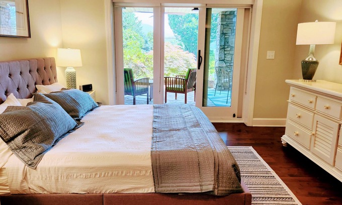 Asheville Apartment | Asheville mountain and lake views! Fireplace, heated pool, patio. Pet friendly!