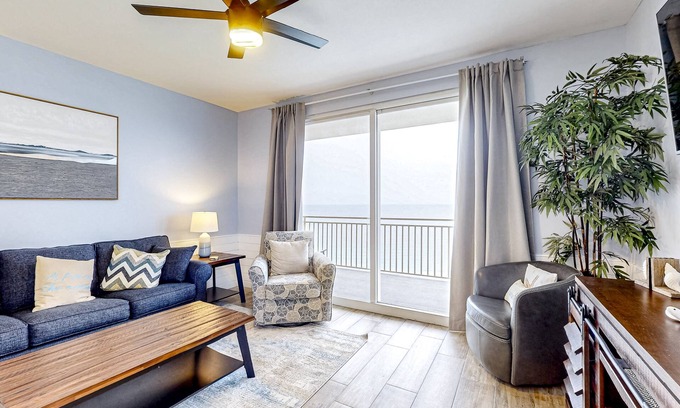 Miramar Beach Condo | Beach resort condo with Gulf view, pool, lazy river, & gym