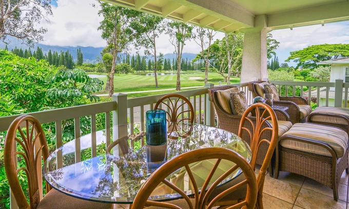 Princeville Condo | Beautiful condo with pool with waterfall, hot tub & mountain view - near shops
