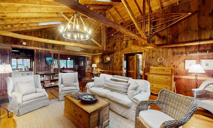 Boothbay Harbor Cabin | Beautiful, rustic cabin overlooking Lewis Cove with porch, deck & fireplace