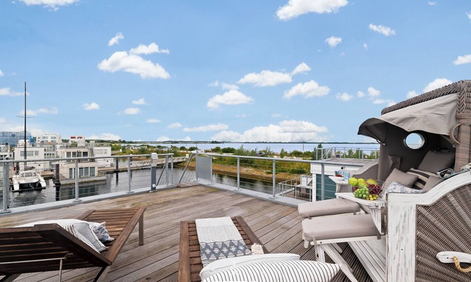 Olpenitz House | Biscay - houseboat, large terrace, roof terrace, sauna, 3 flat screen TVs