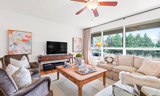 Black Mountain House | Camp Rockmont retreat with hot tub, game room, & outdoor fireplace