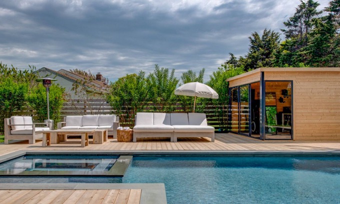 Montauk House | Eclectic-style home with private pool, fitness studio, open-floor plan,.