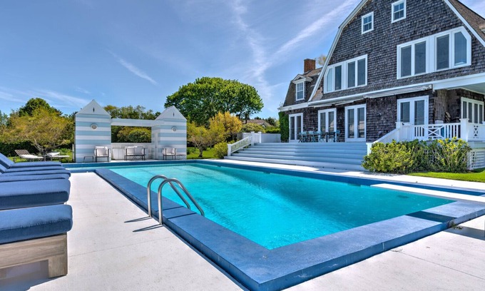 Water Mill House | Elegant Watefront home with Oversized Gunite Heated Pool, Tennis, Living.